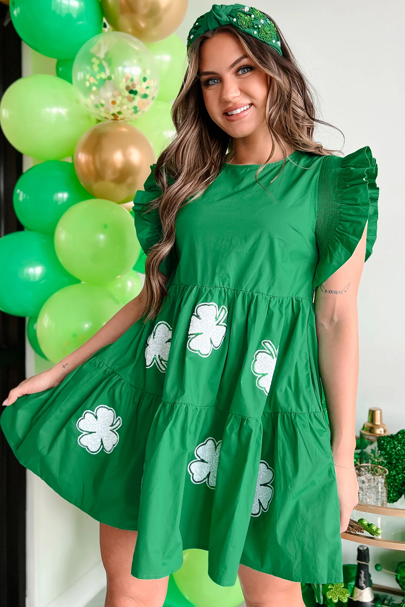 Aisling Sequin Clover Mini Dress (Green) - Image 10