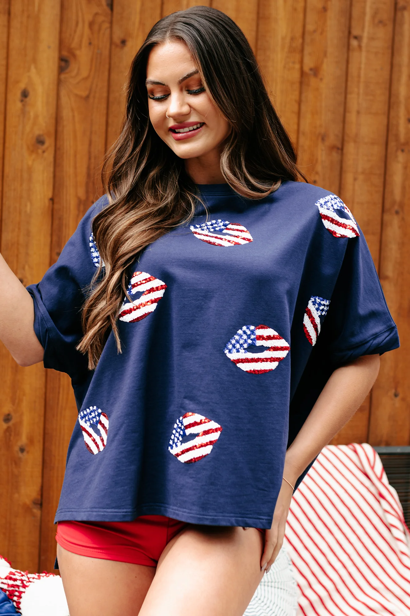 American Kisses Oversized Sequin Graphic Top (Navy) - Image 6