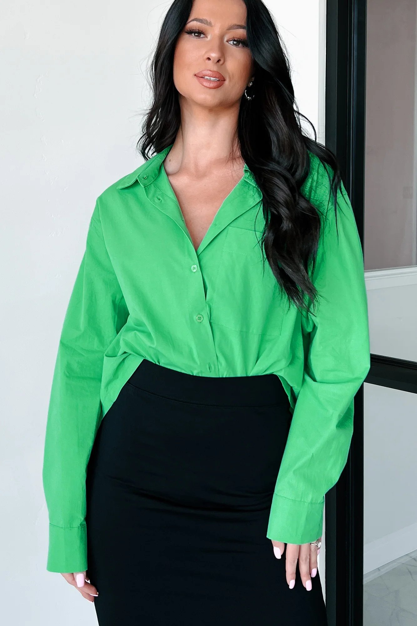 Any Questions Cropped Button-Down Shirt (Green) - Image 11