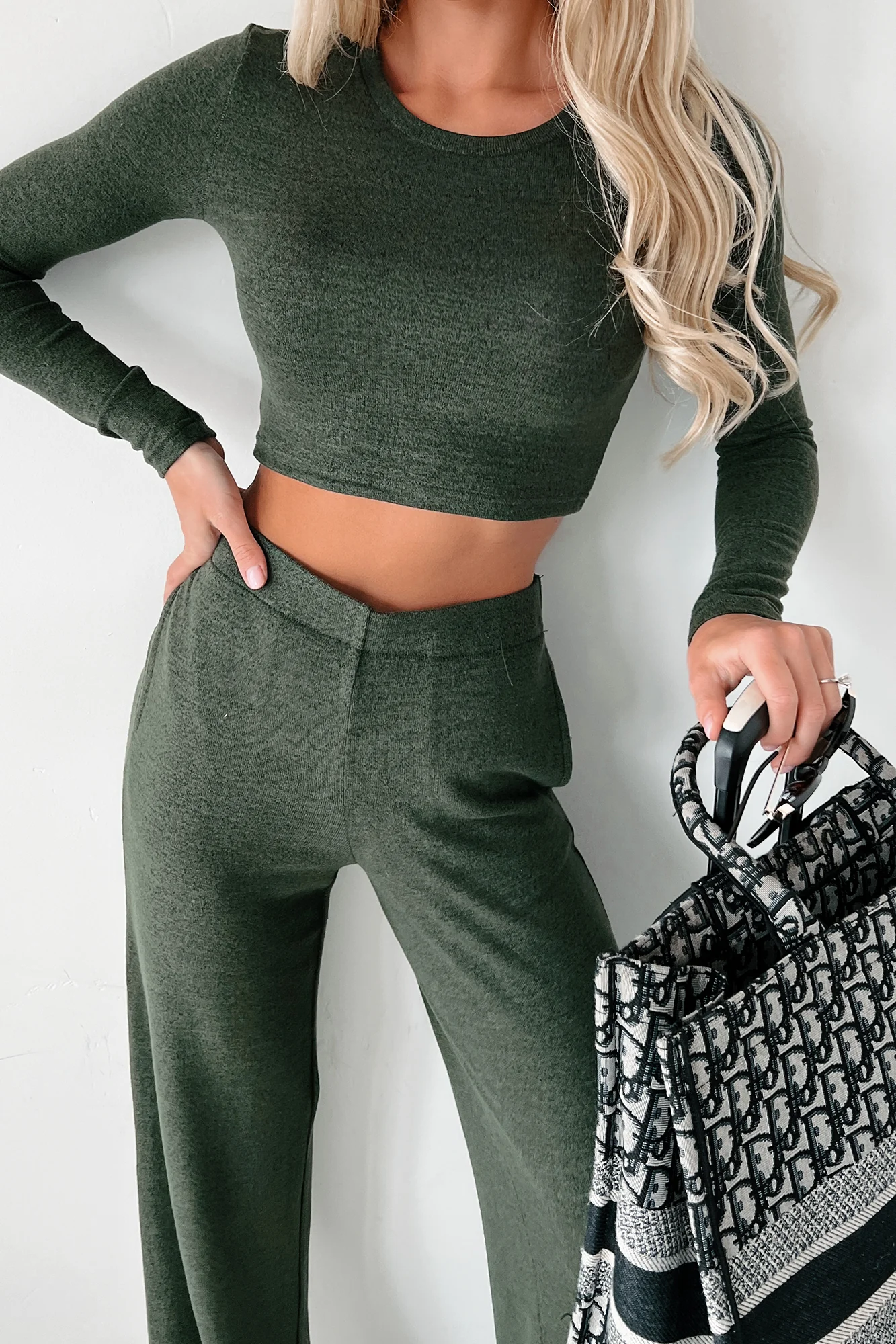 Asa Heathered Knit Crop Top & Pants Set (Olive) - Image 10