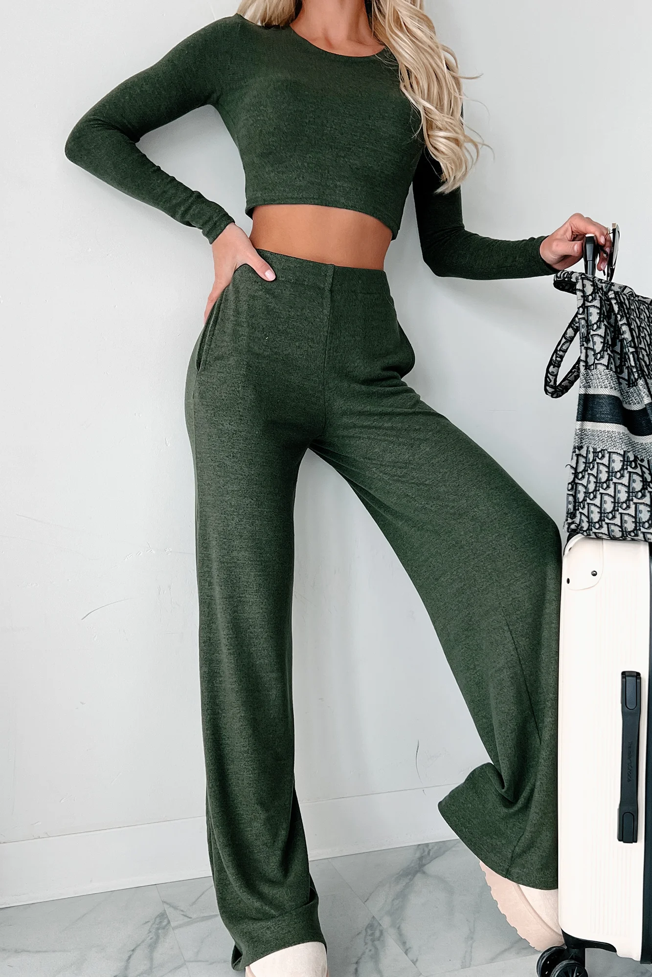 Asa Heathered Knit Crop Top & Pants Set (Olive) - Image 3