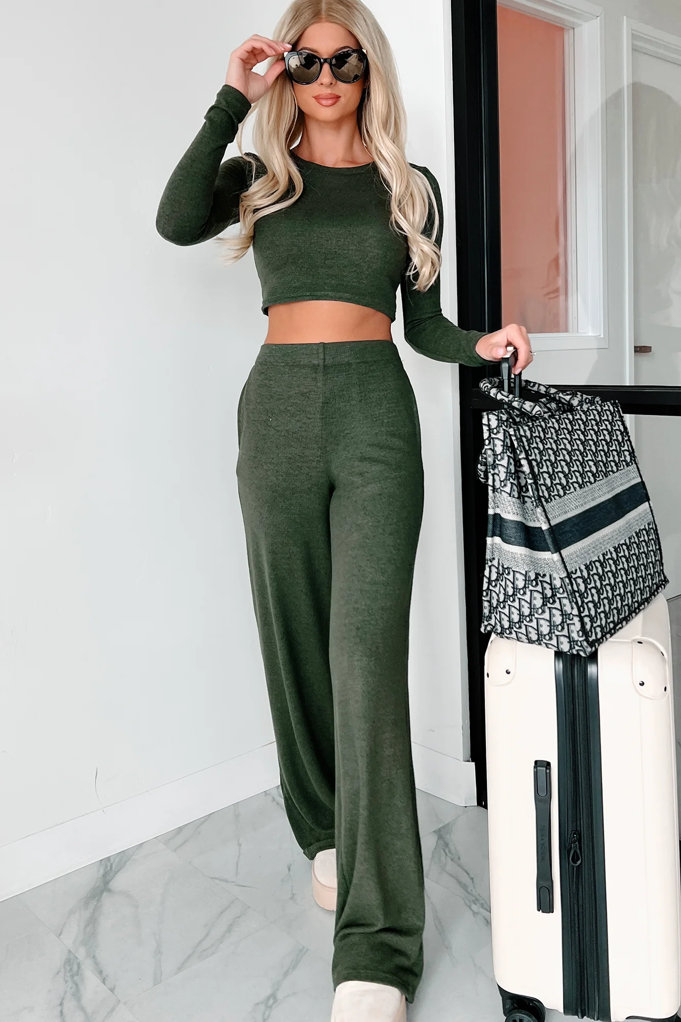 Asa Heathered Knit Crop Top & Pants Set (Olive) - Image 7