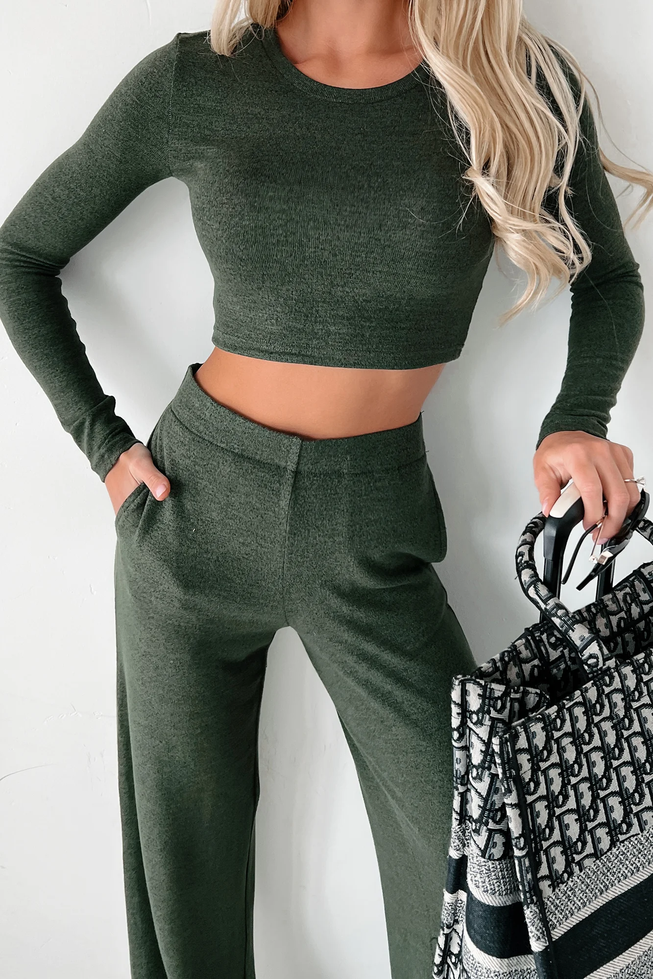Asa Heathered Knit Crop Top & Pants Set (Olive) - Image 8