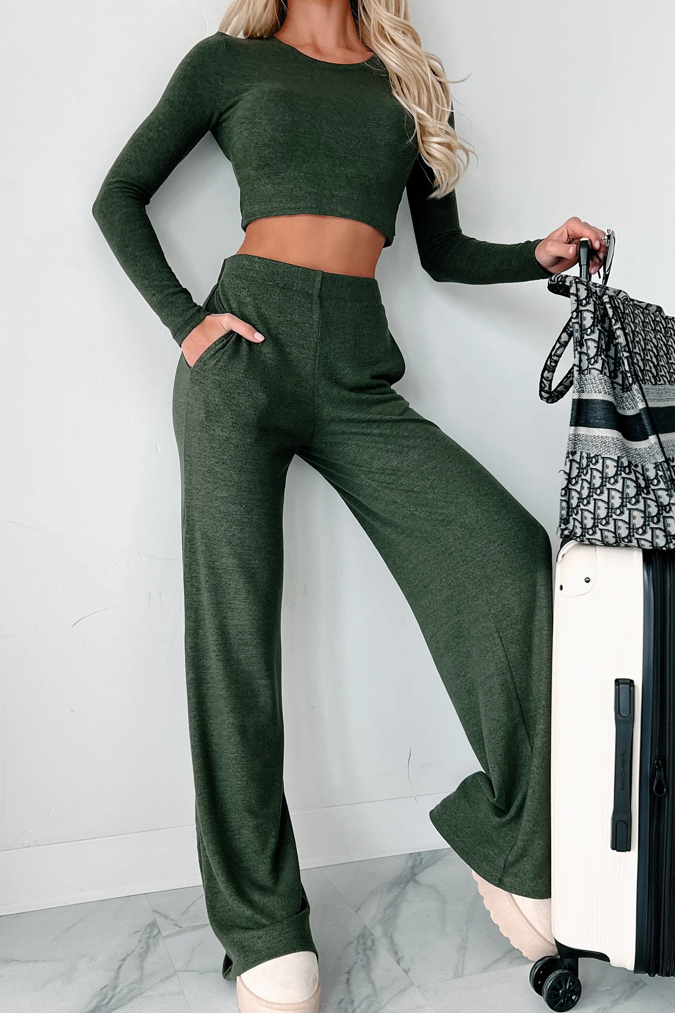 Asa Heathered Knit Crop Top & Pants Set (Olive) - Image 9