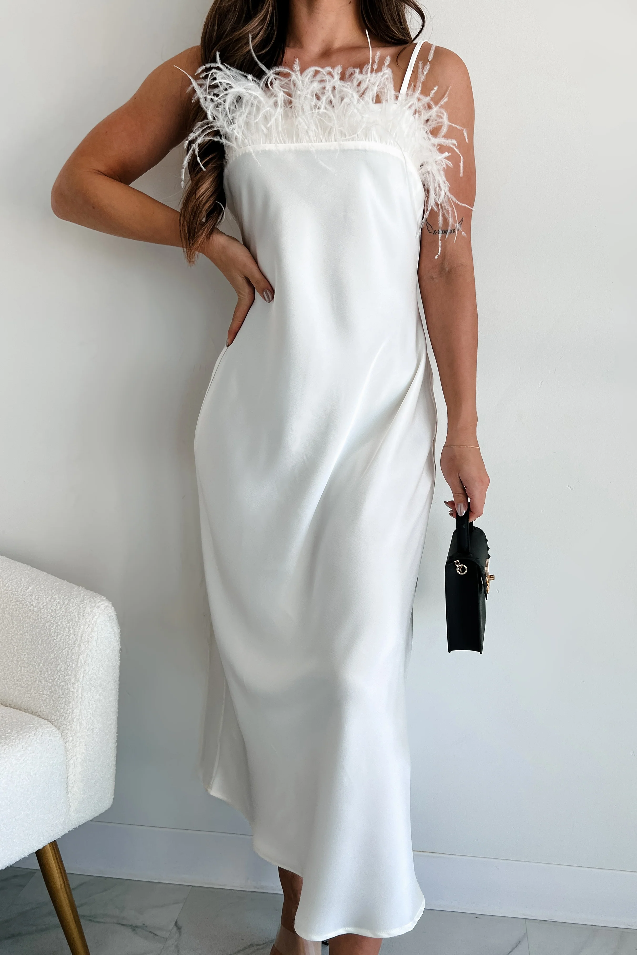 Birds Of Paradise Faux Feather Trim Midi Dress (Ivory) - Image 4