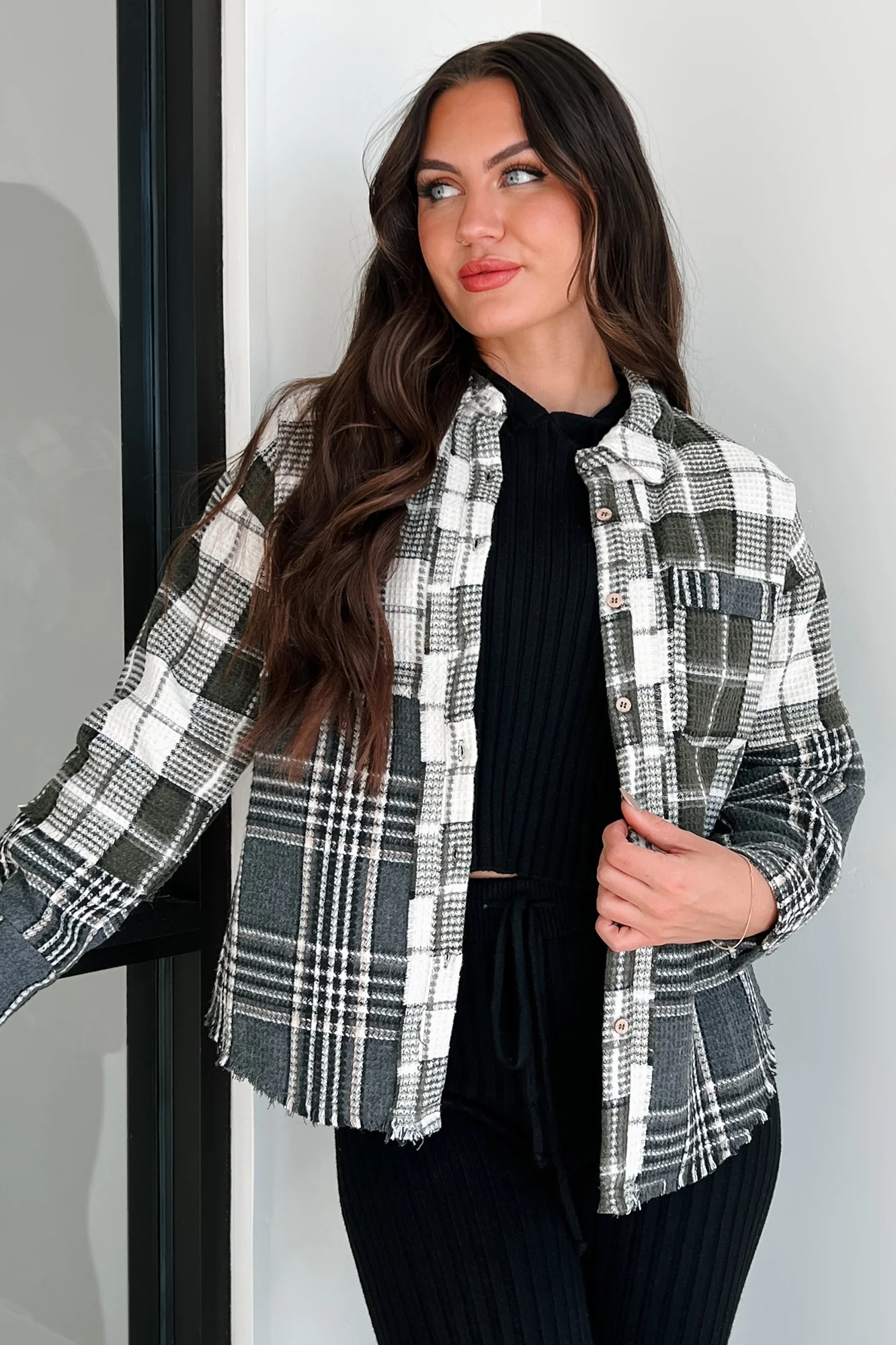 Brently Textured Plaid Shacket (Olive) - Image 6