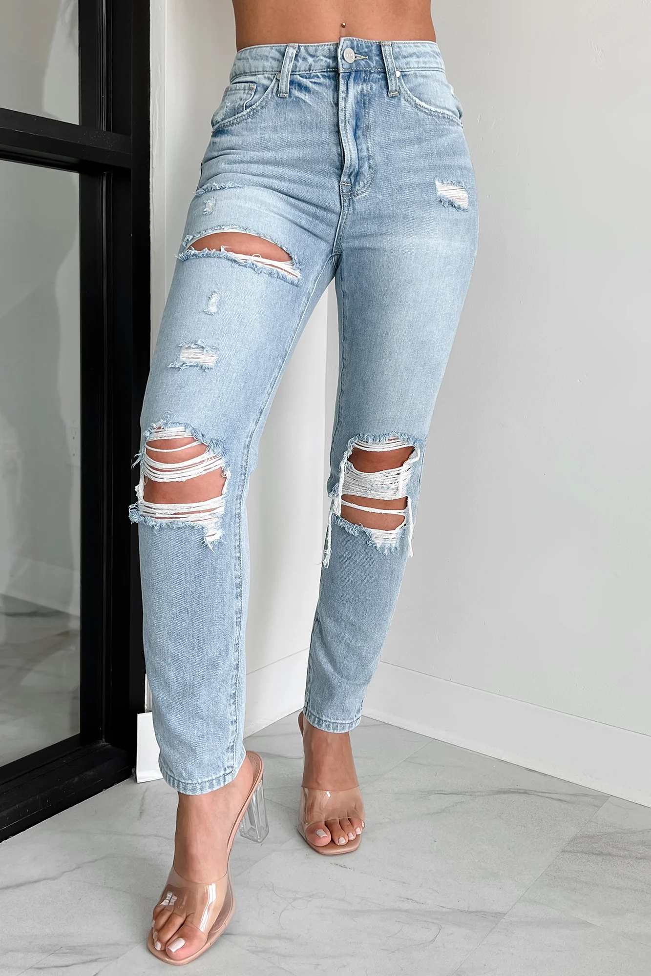 Carter High Rise Distressed Girlfriend Jeans (Light) - Image 3