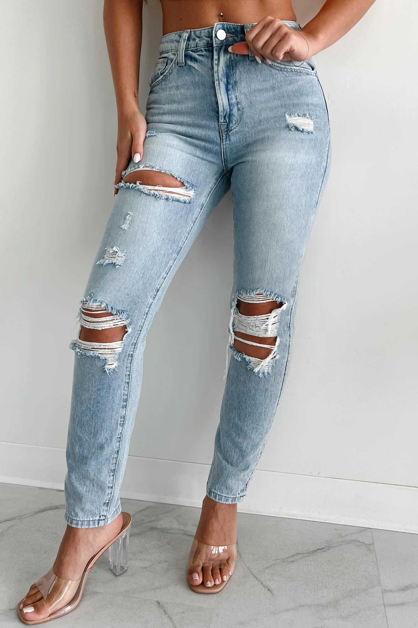 Carter High Rise Distressed Girlfriend Jeans (Light) - Image 7