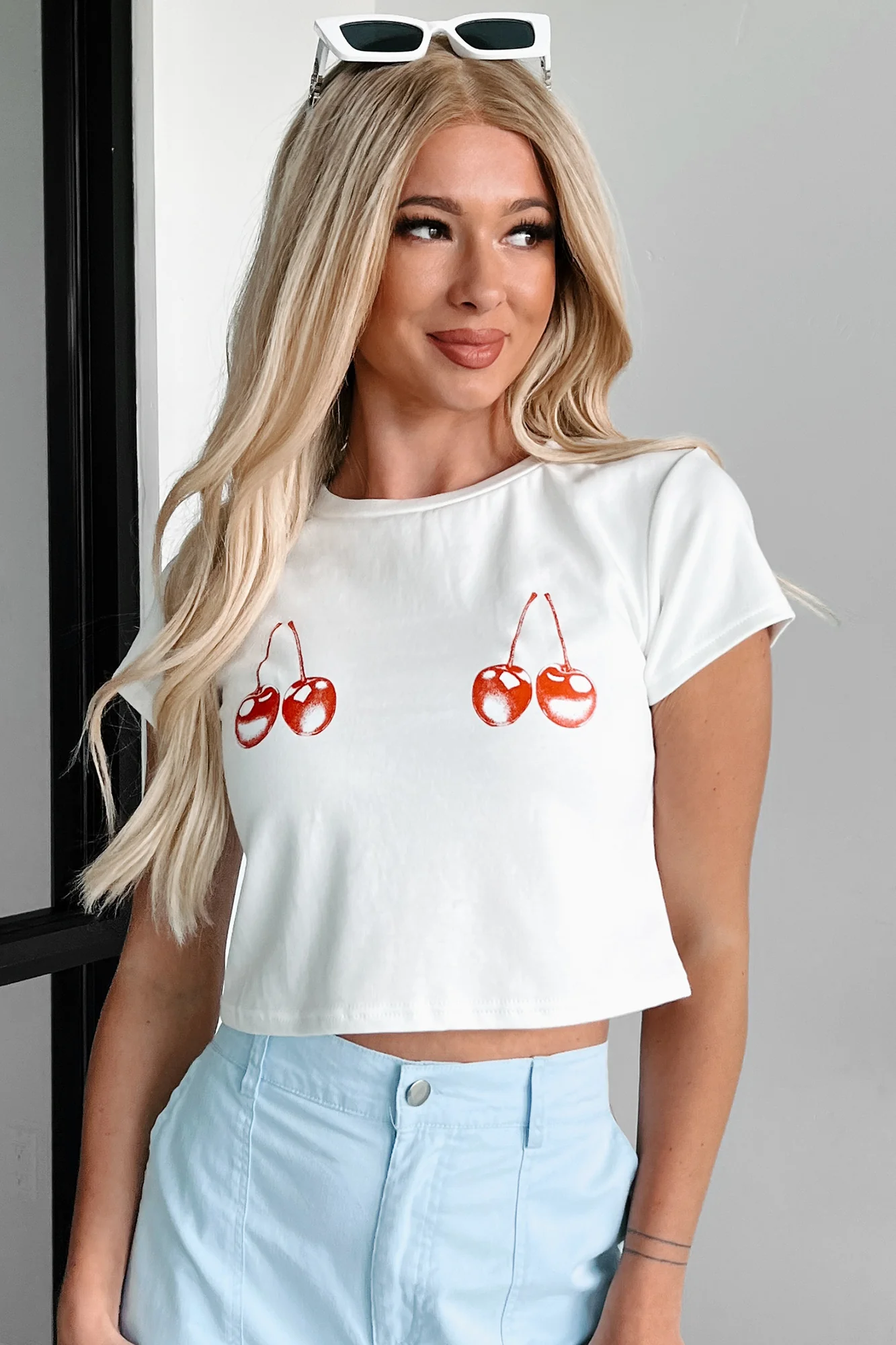 Caught You Staring Cherry Graphic Tee (Off White) - Image 3