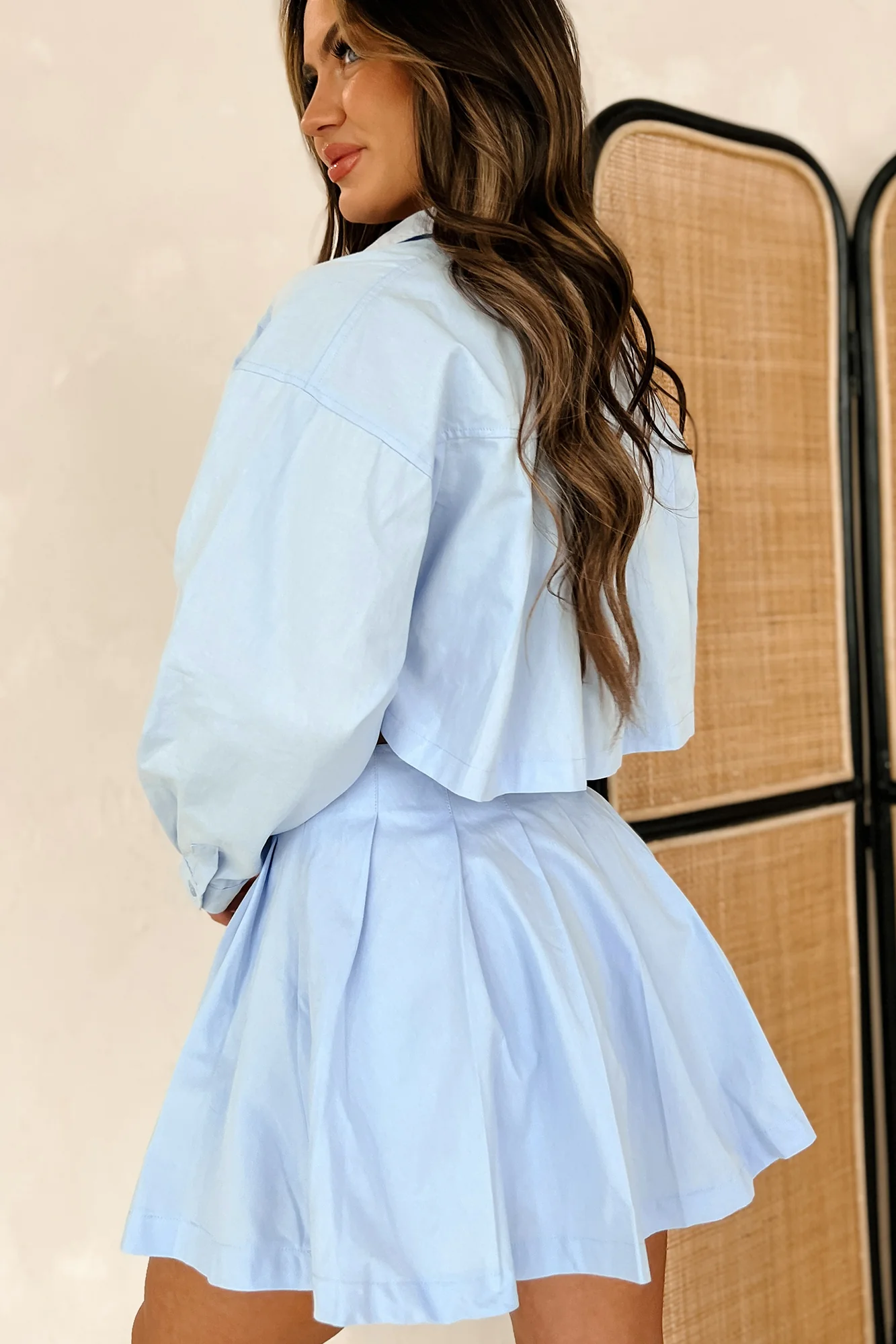 Chrishell Pleated Button-Down & Mini Skirt Set (Light Blue) - Image 4