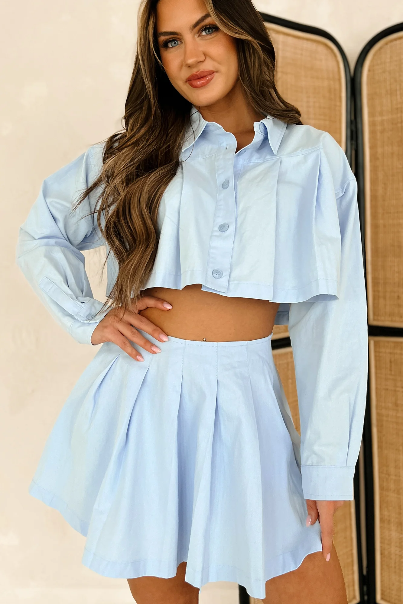 Chrishell Pleated Button-Down & Mini Skirt Set (Light Blue) - Image 8