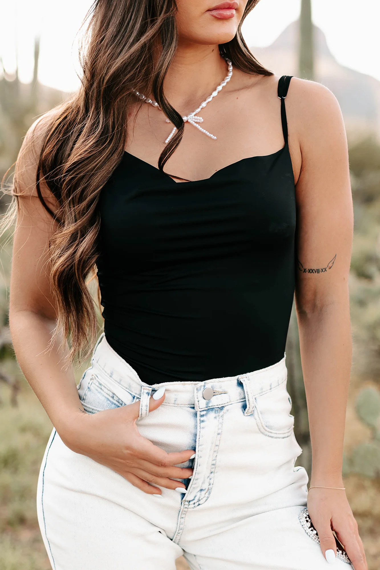 Cool & Controlled Cowl Neck Tank Bodysuit (Black) - Image 4