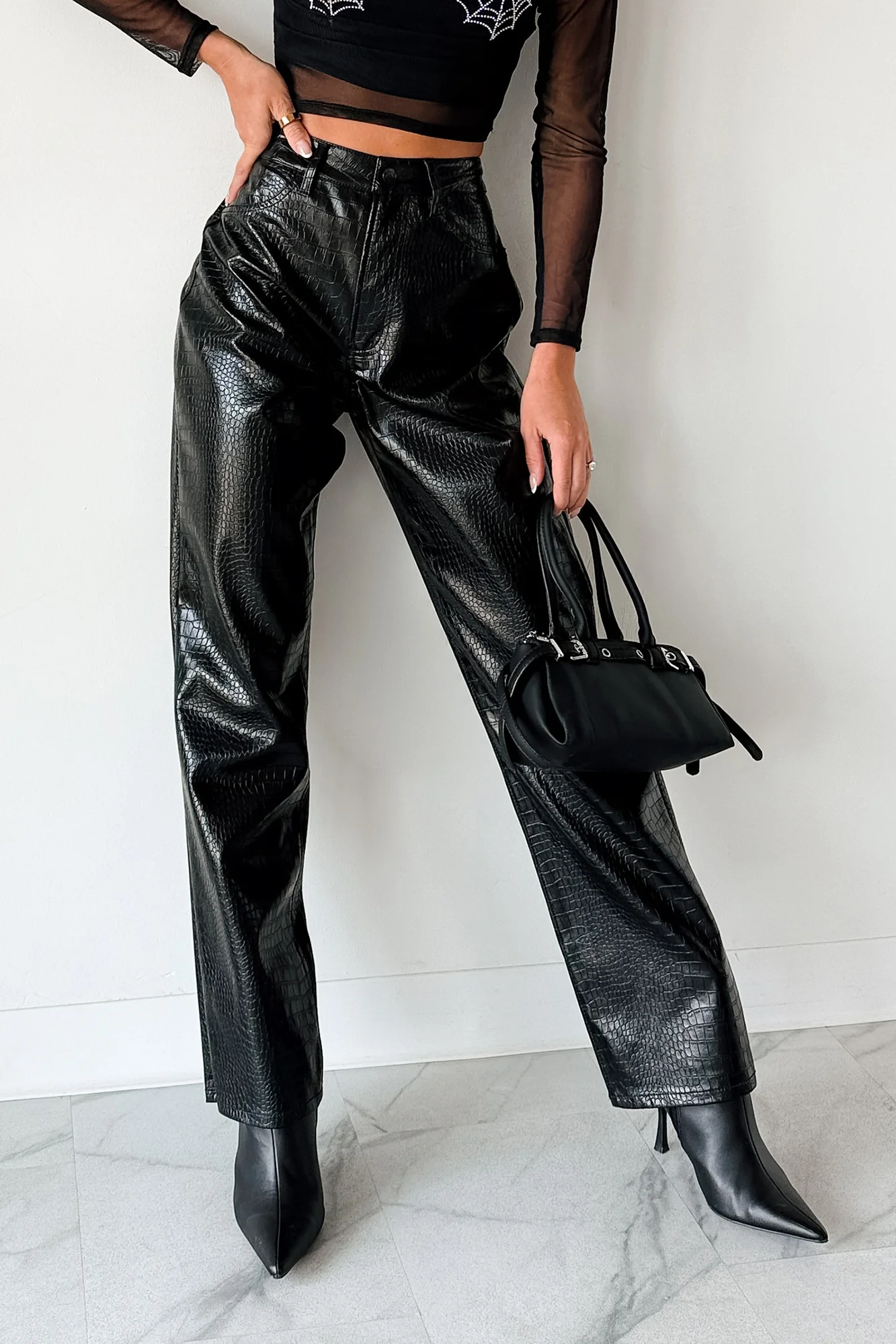 Crocodile Tears Faux Croc Straight Leg Pants (Black PU) - Image 10