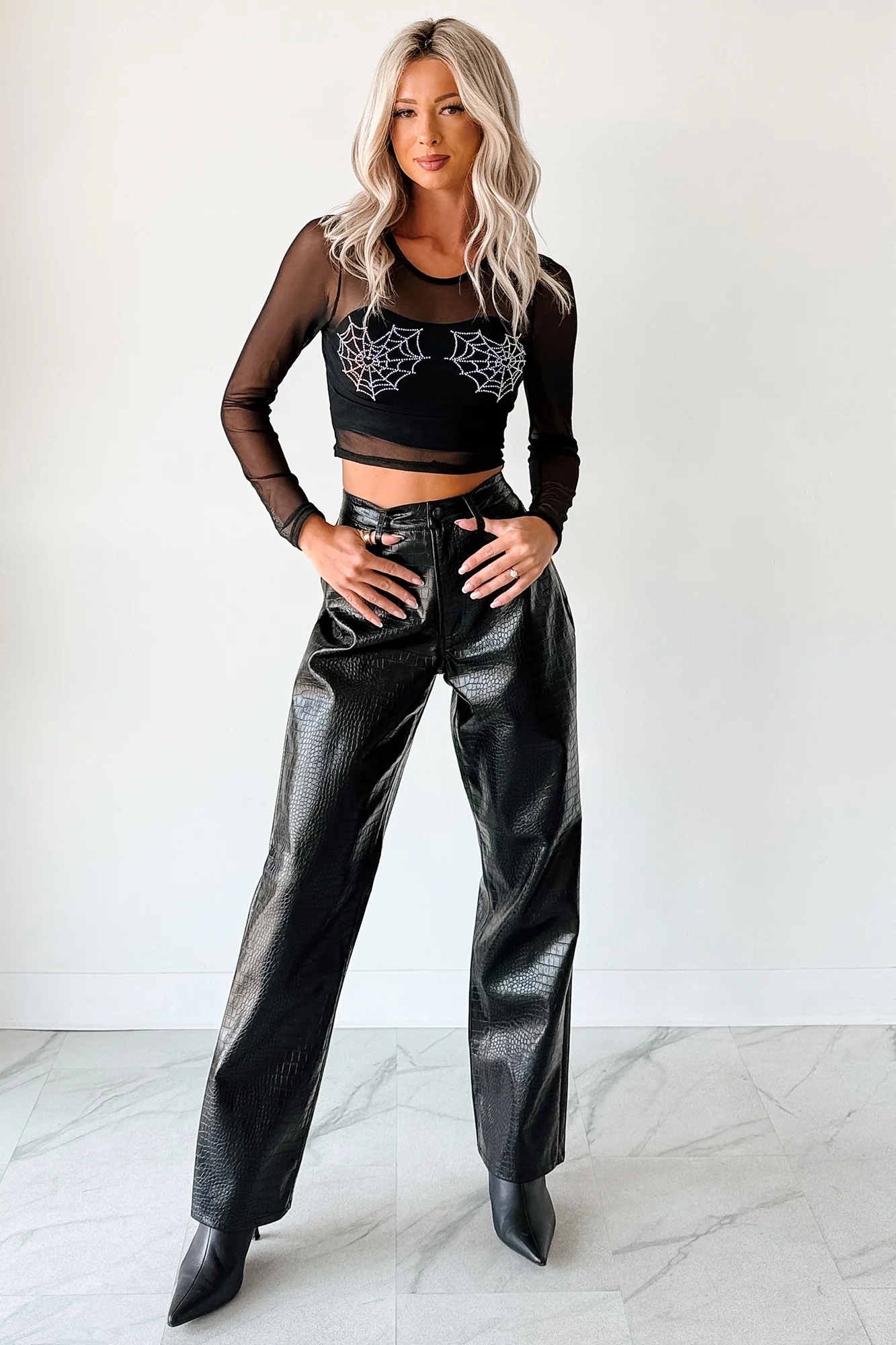 Crocodile Tears Faux Croc Straight Leg Pants (Black PU) - Image 4