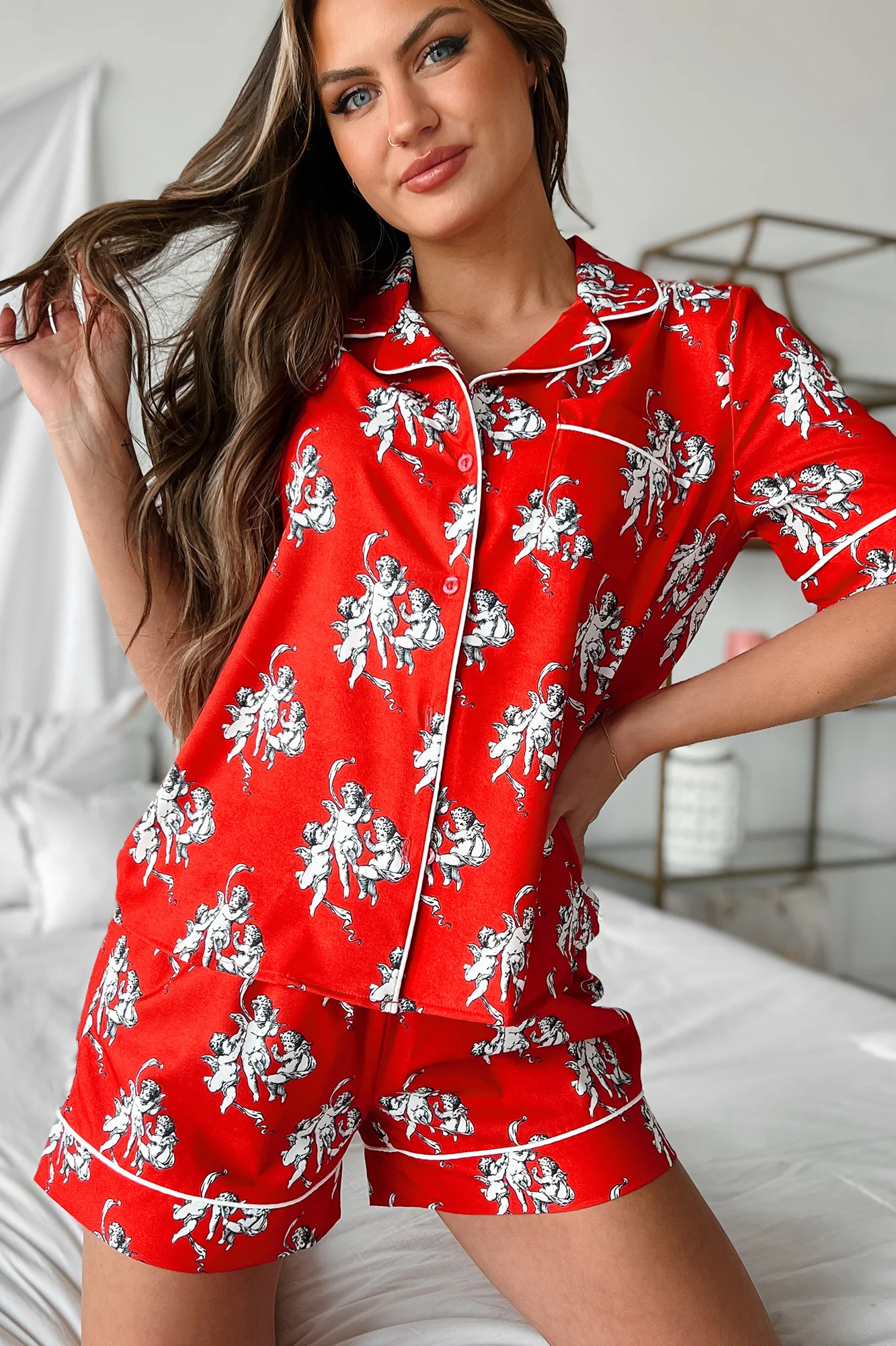 Dreams Of Love Silky Printed Pajama Set (Red) - Image 8