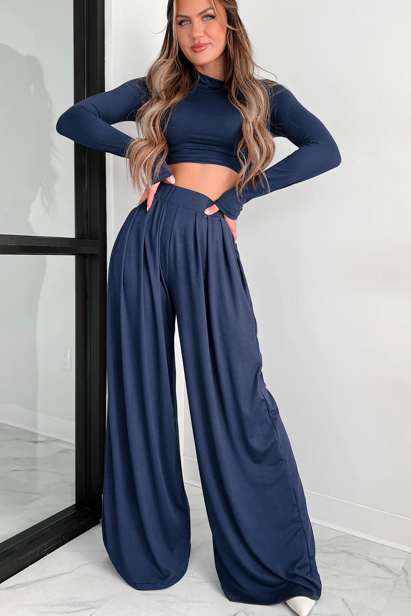 Faded Dreams Long Sleeve Crop Top & Pant Set (Navy) - Image 10