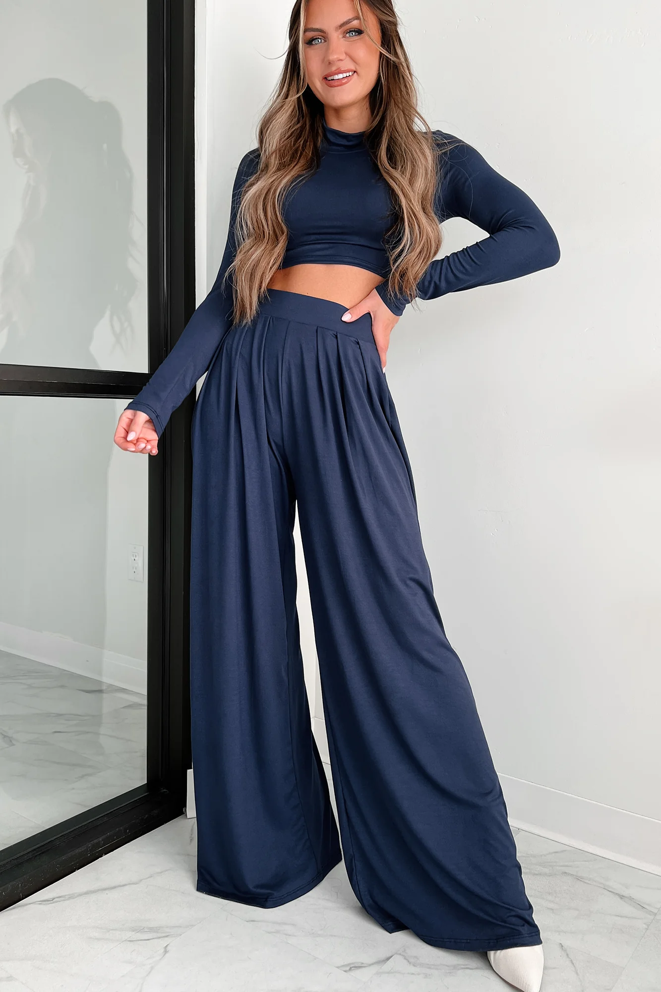 Faded Dreams Long Sleeve Crop Top & Pant Set (Navy) - Image 11
