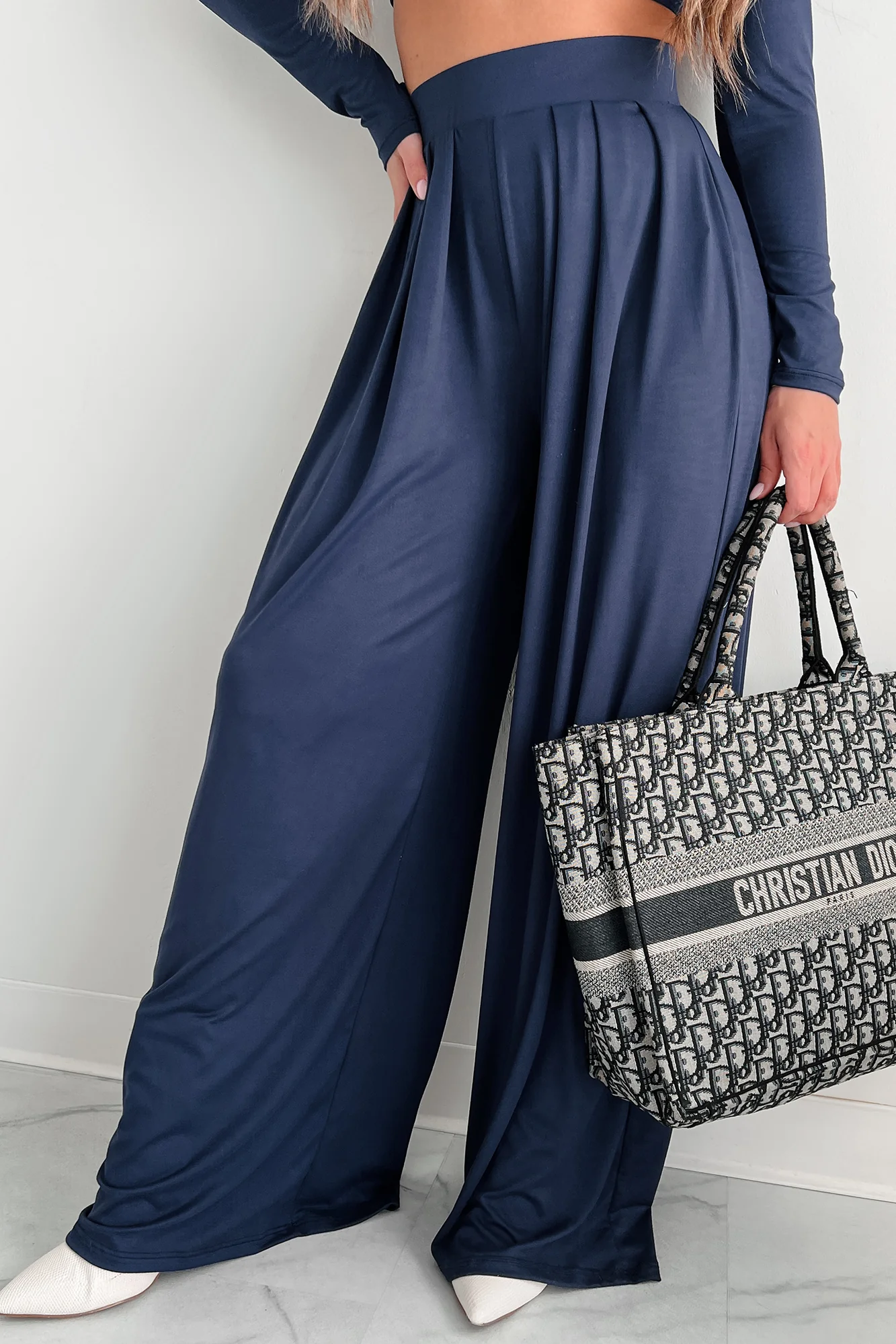 Faded Dreams Long Sleeve Crop Top & Pant Set (Navy) - Image 4