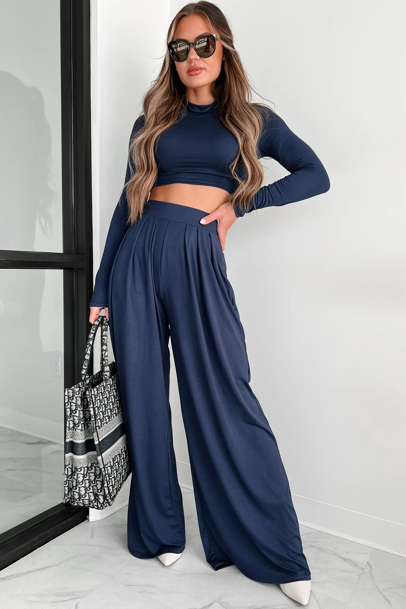 Faded Dreams Long Sleeve Crop Top & Pant Set (Navy) - Image 5