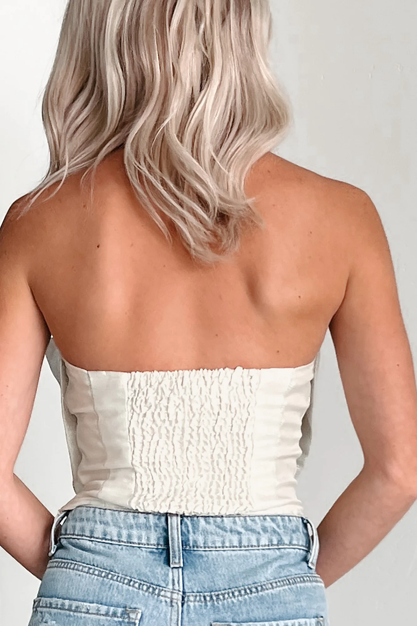Flirty Glamour Strapless Bow Crop Top (Off White) - Image 4