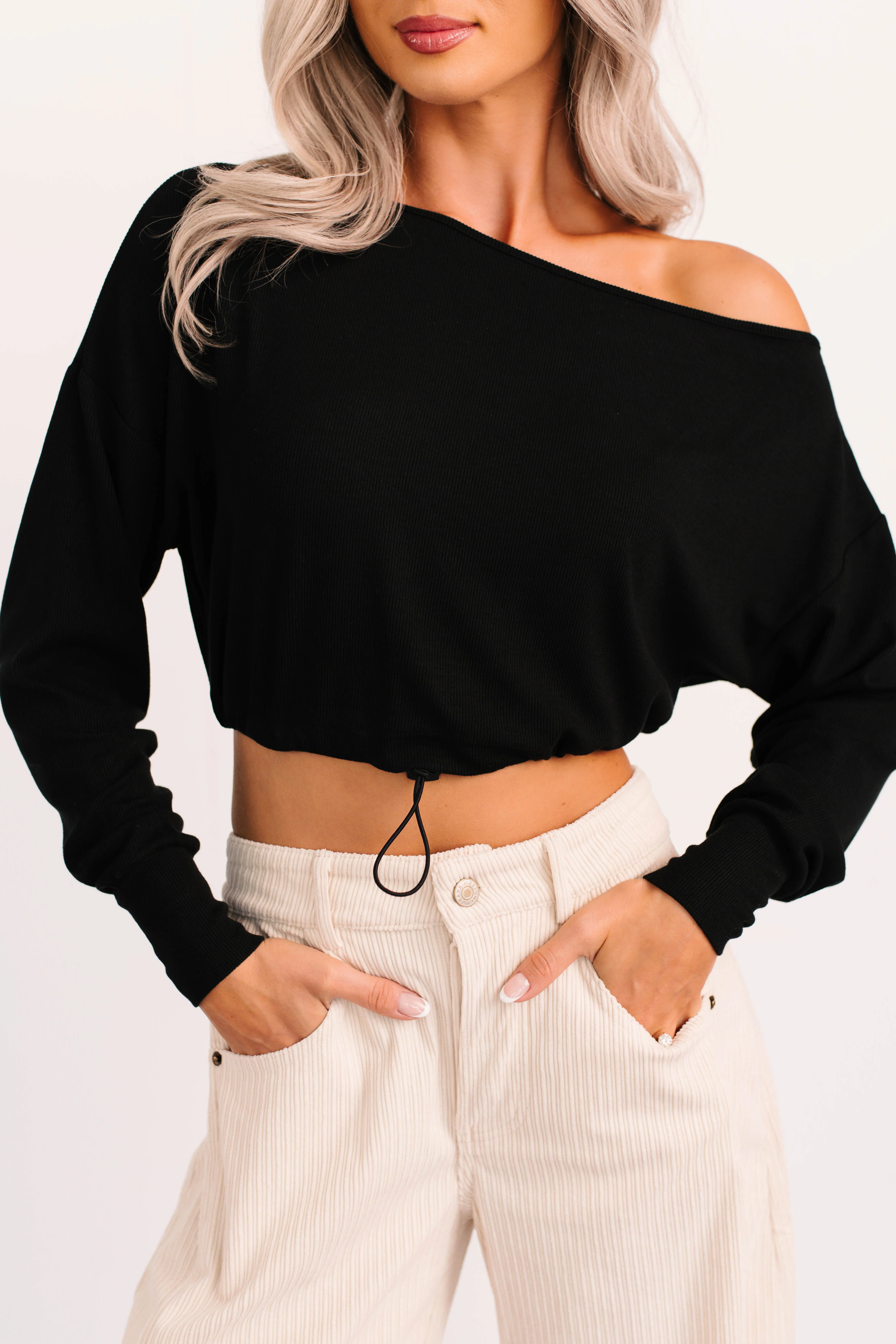 Glow Up Goals Ribbed Off The Shoulder Crop Top (Black) - Image 9