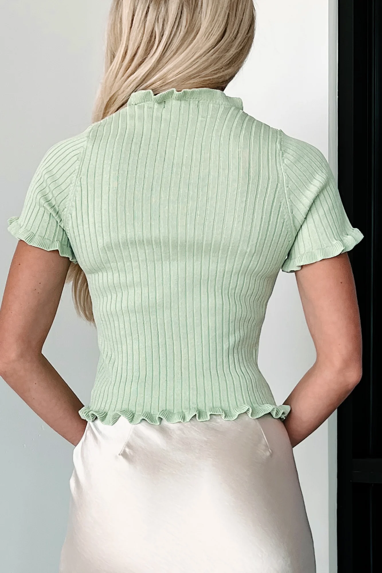 Iconic Love Split Front Ruffled Sweater Top (Light Green) - Image 3