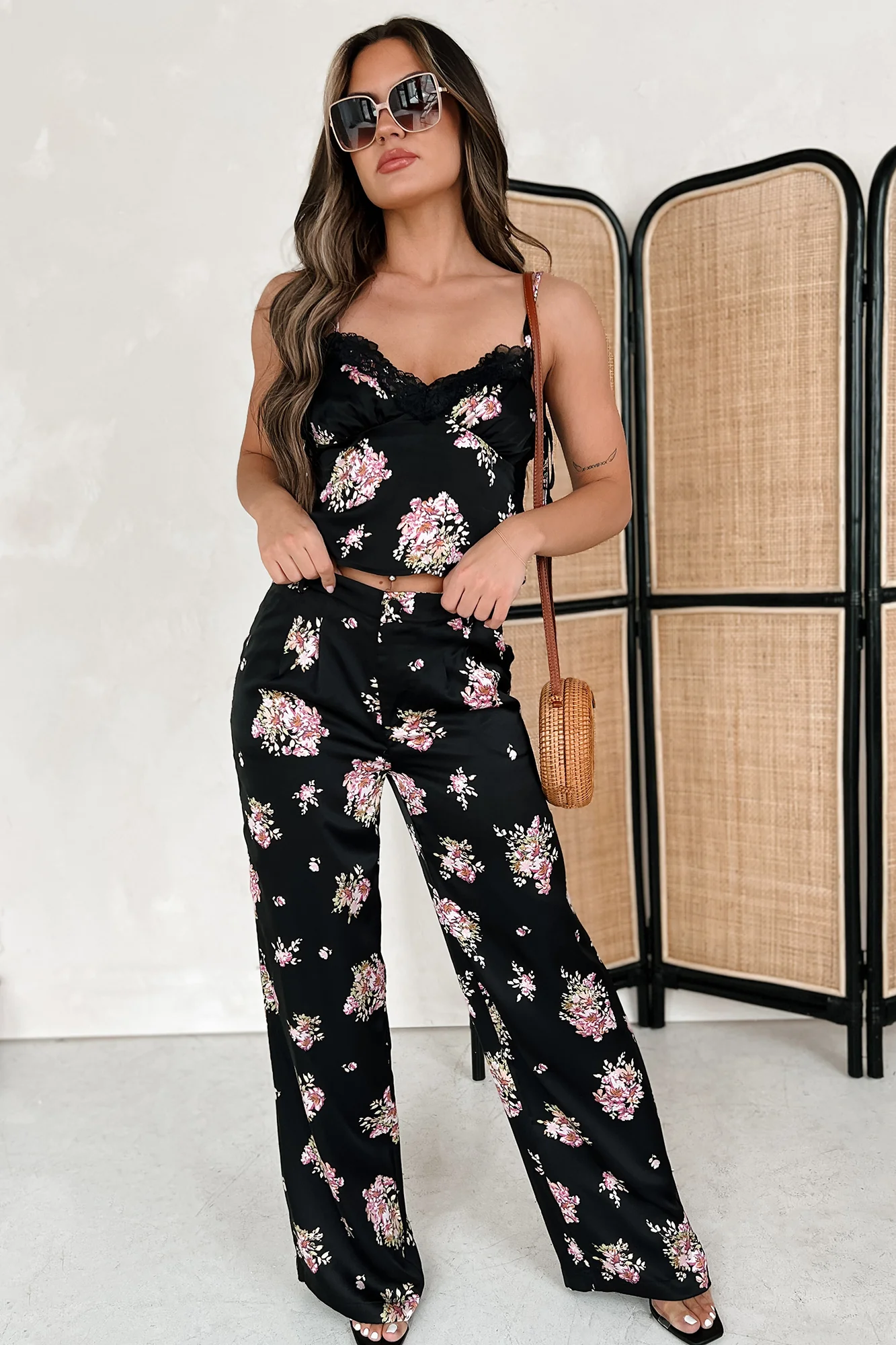 Keeping The Romance Alive Satin Floral Cami Top (Black) - Image 7