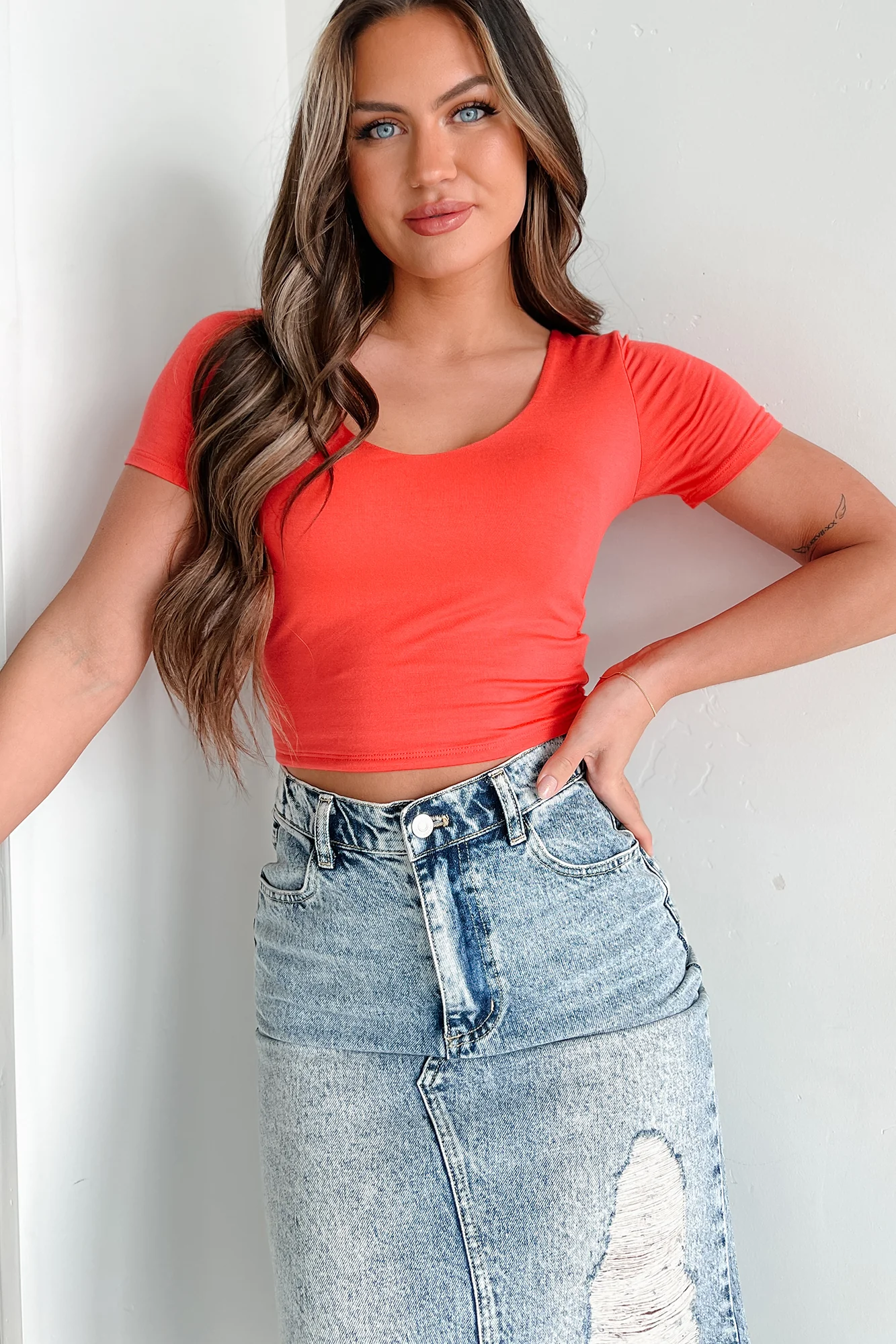 Lifelong Companion Short Sleeve V-Neck Crop Top (Deep Coral) - Image 8