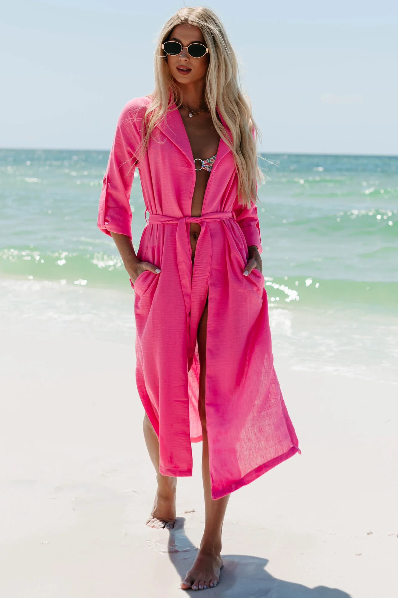 Live Colorfully Tie-Waist Linen Trench Coat (Hot Pink) - Image 11