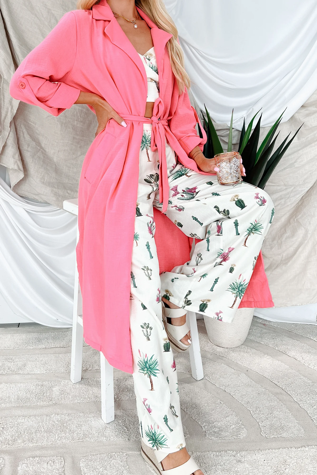 Live Colorfully Tie-Waist Linen Trench Coat (Hot Pink) - Image 5