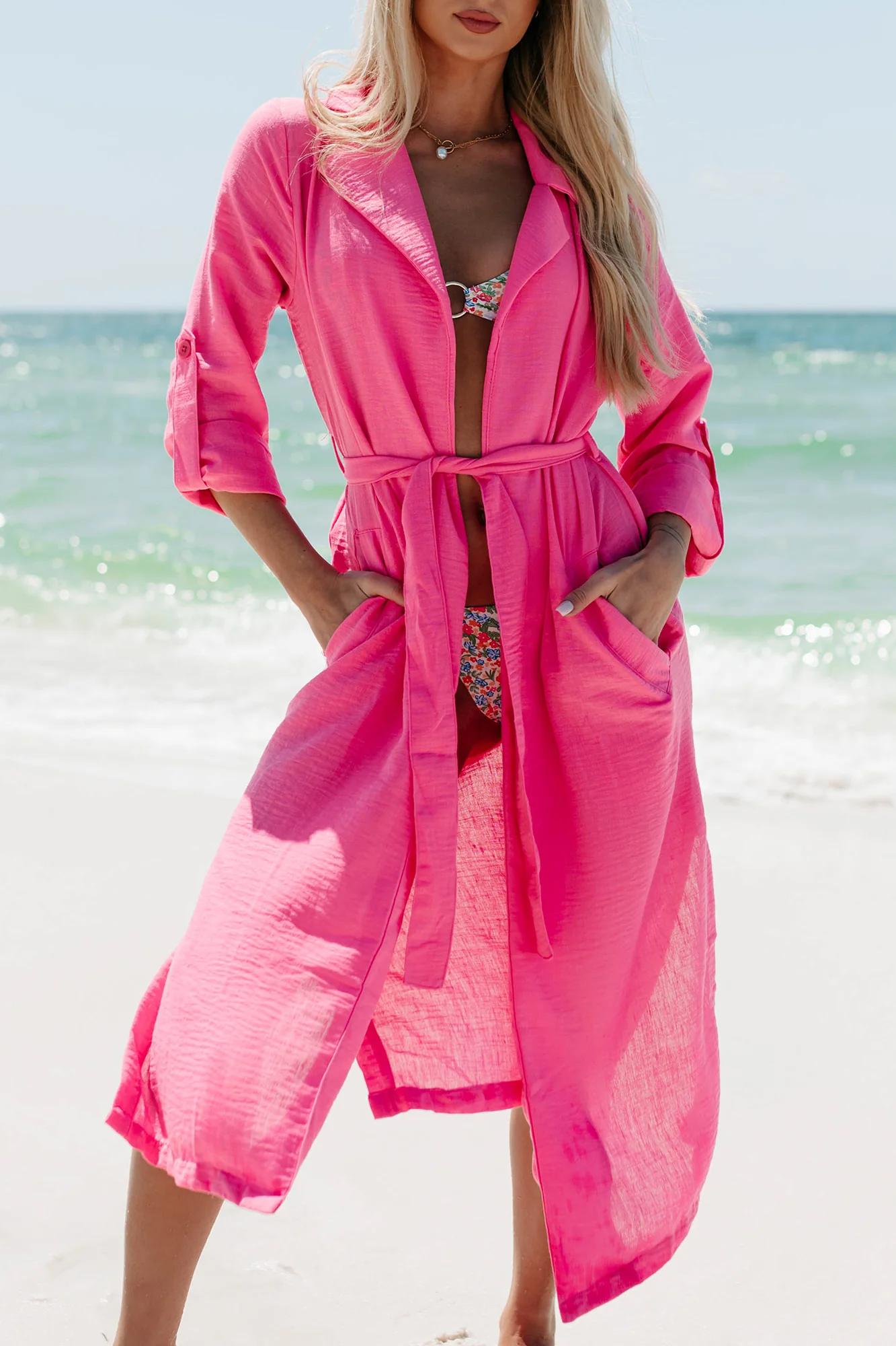 Live Colorfully Tie-Waist Linen Trench Coat (Hot Pink) - Image 7