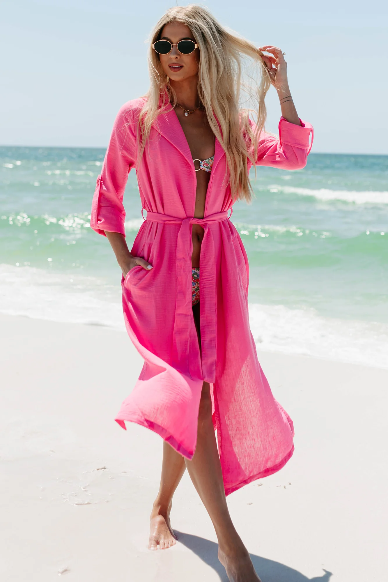 Live Colorfully Tie-Waist Linen Trench Coat (Hot Pink) - Image 8