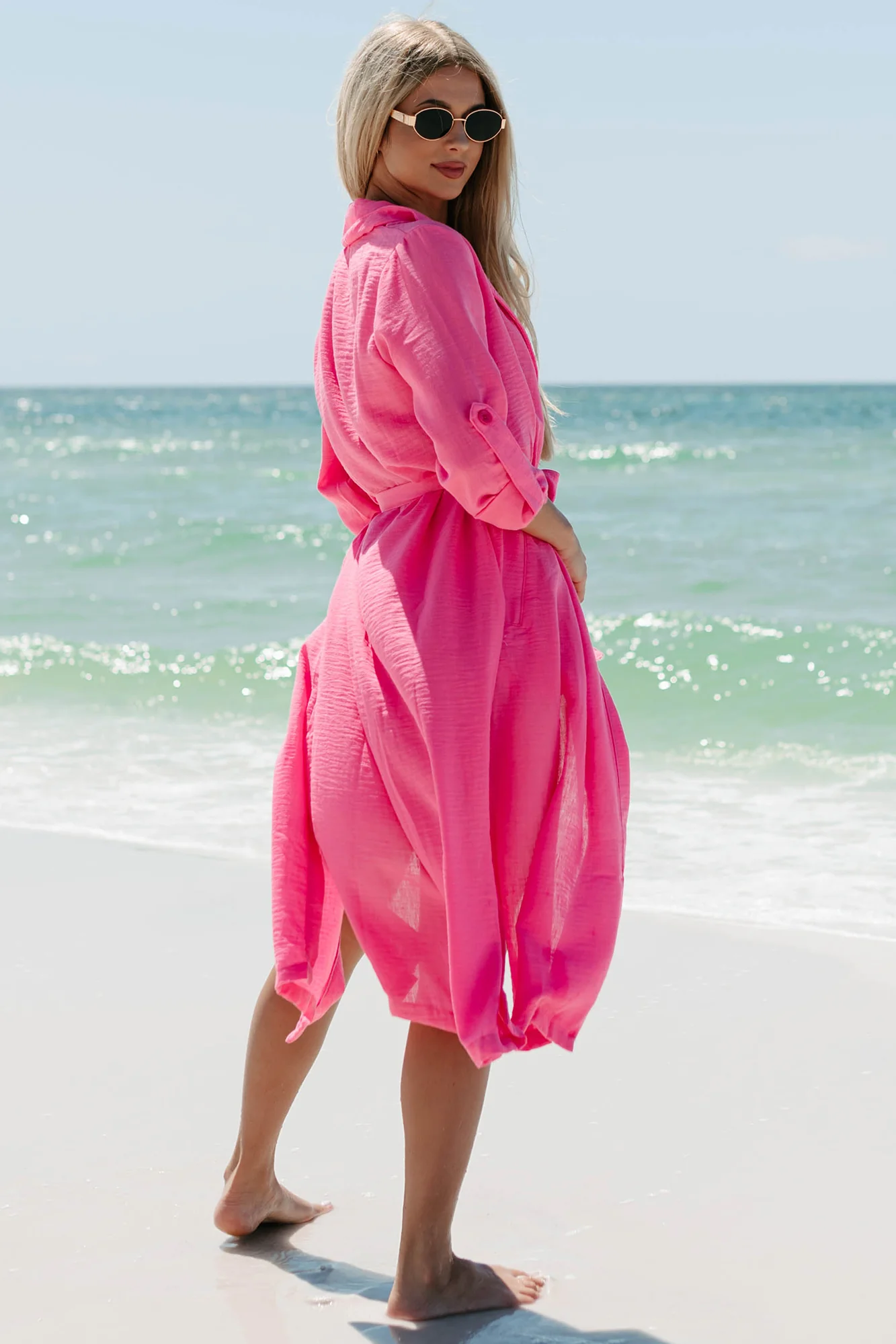 Live Colorfully Tie-Waist Linen Trench Coat (Hot Pink) - Image 9