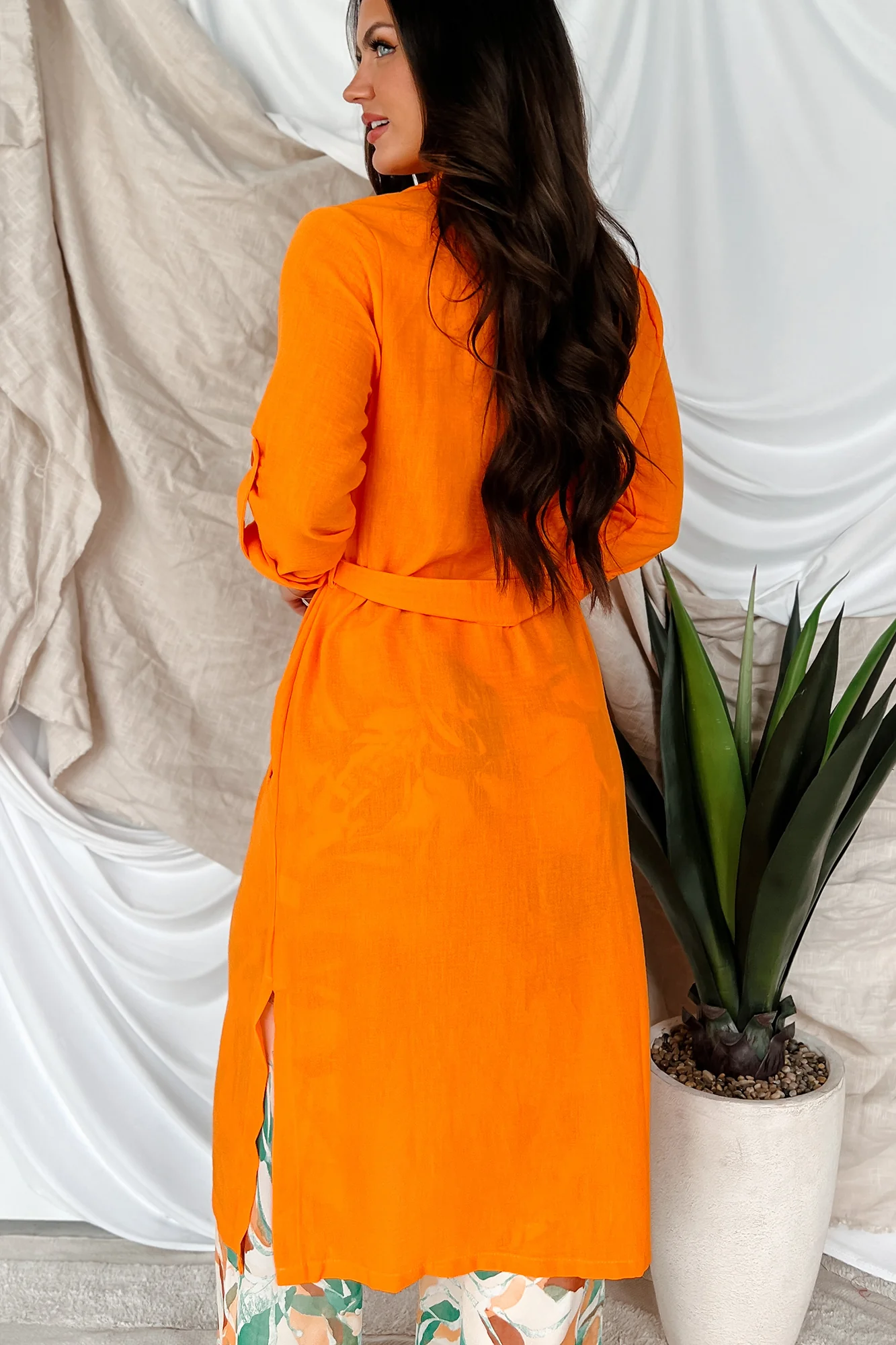 Live Colorfully Tie-Waist Linen Trench Coat (Orange) - Image 3