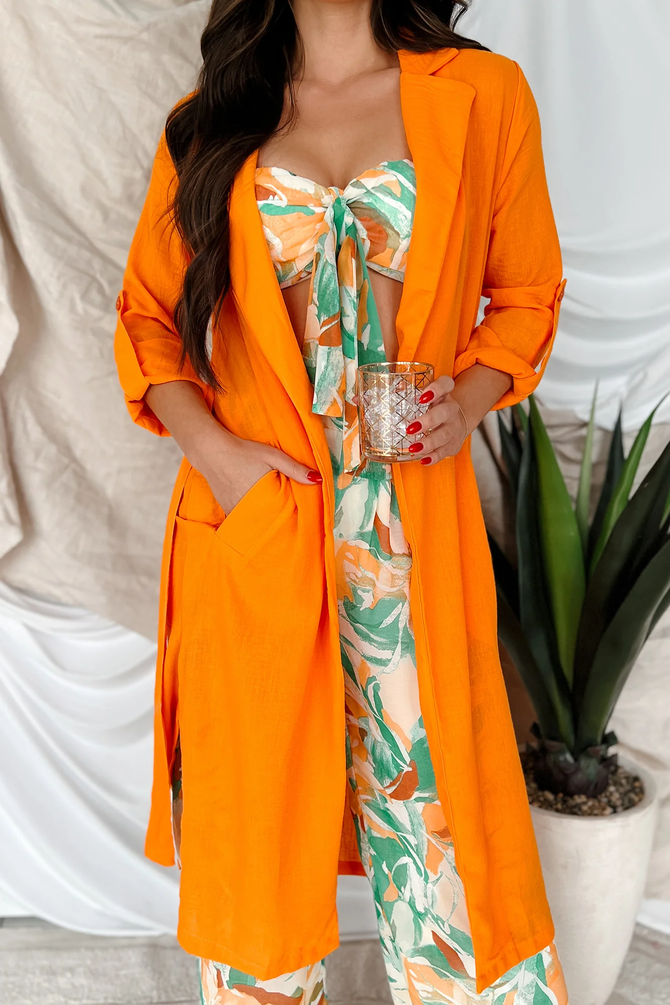 Live Colorfully Tie-Waist Linen Trench Coat (Orange) - Image 4