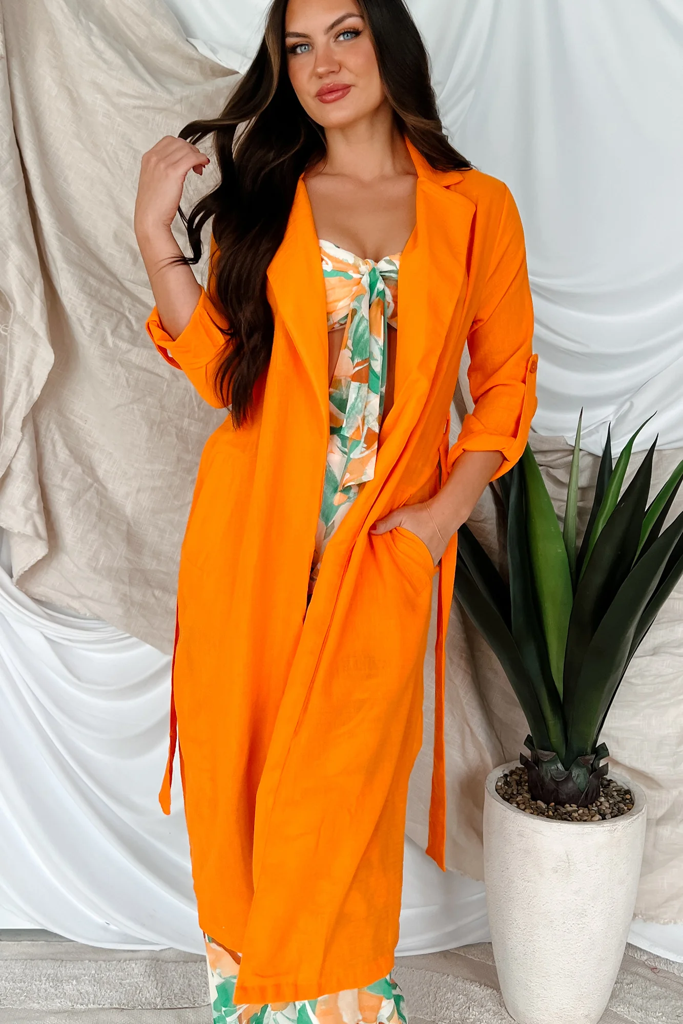 Live Colorfully Tie-Waist Linen Trench Coat (Orange) - Image 5