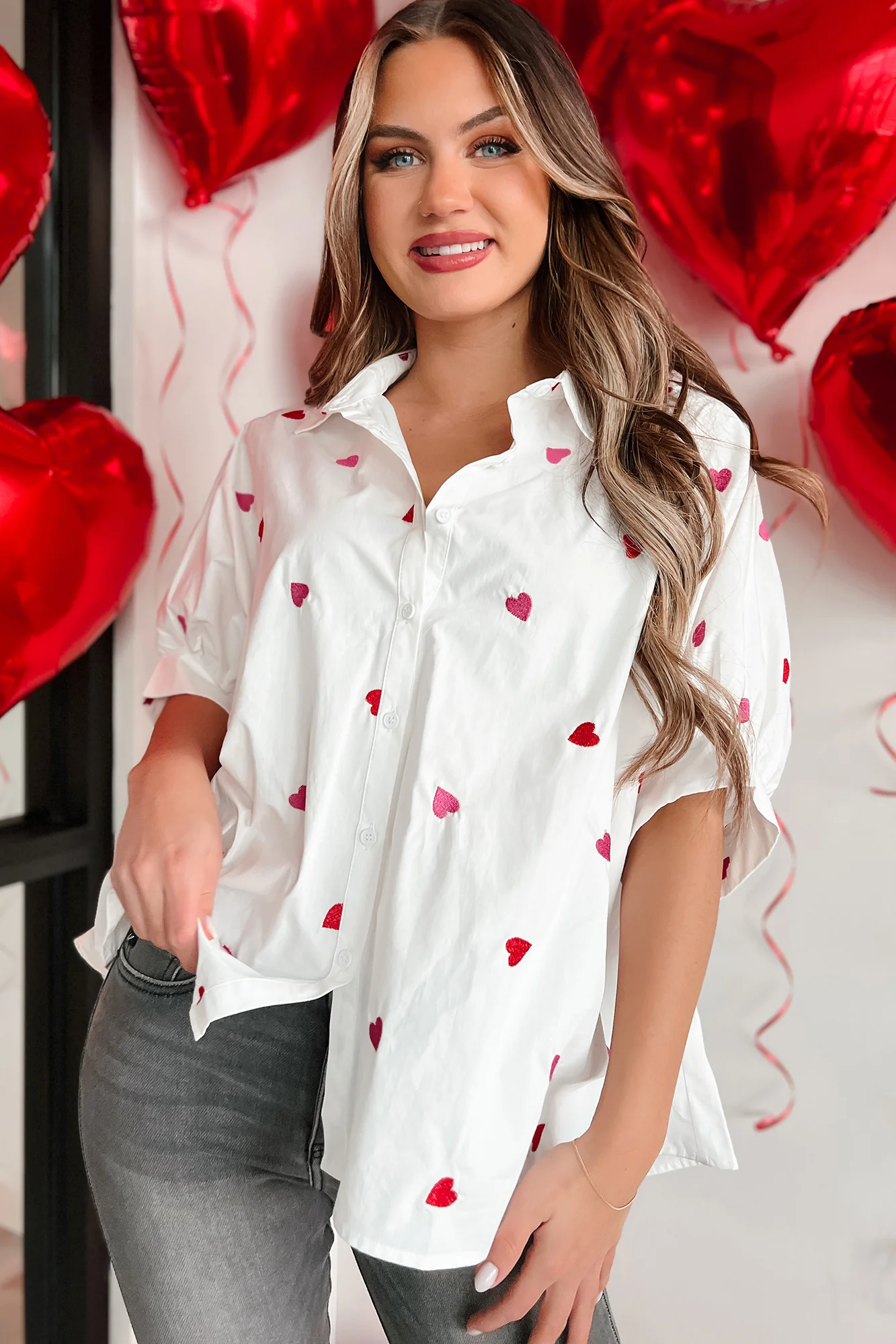 Lovestruck Babe Heart Embroidered Oversized Button-Down (White) - Image 4
