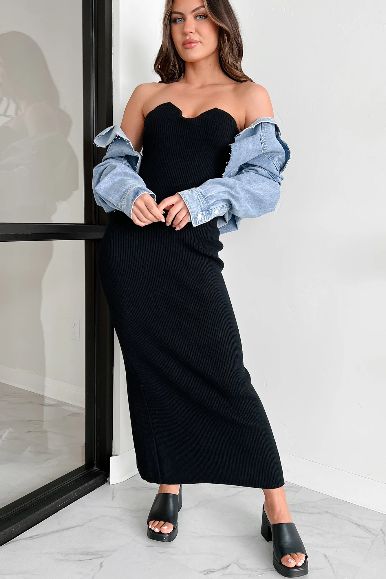 Luciana Sweater Knit Strapless Bodycon Dress (Black) - Image 6