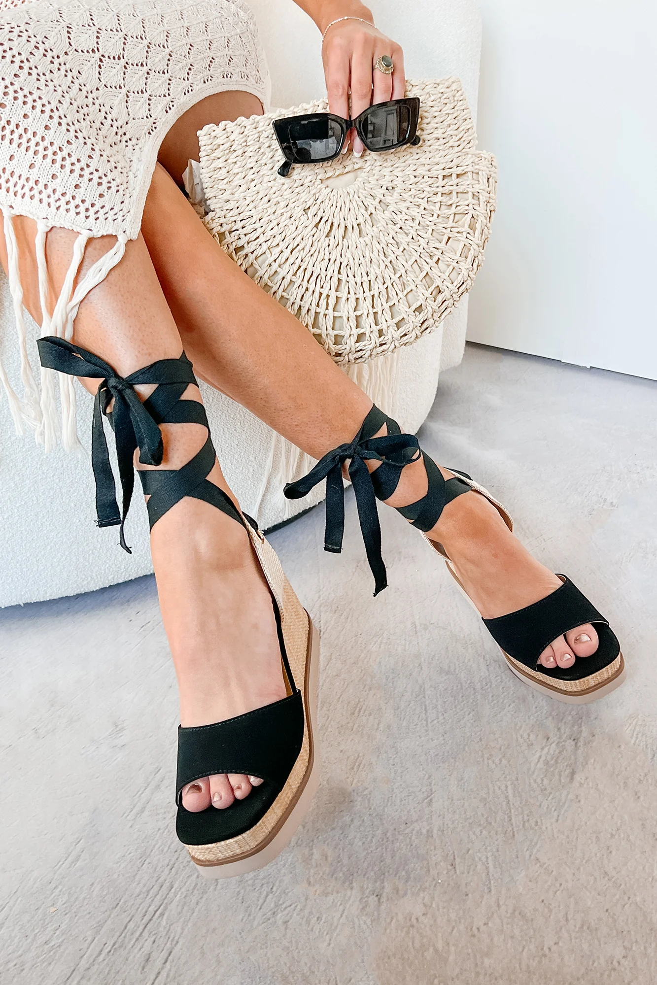 Makayla Ankle Tie Espadrille Wedge Sandals (Black) - Image 4