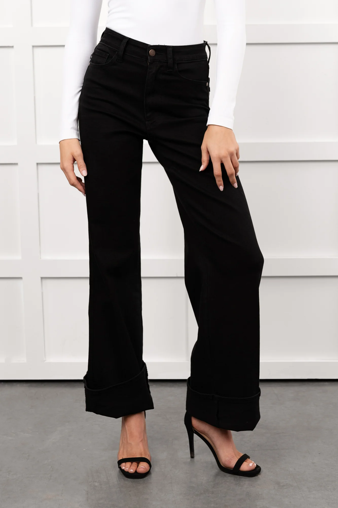 Mara Wide Leg Cuffed Judy Blue Stretchy Jeans (Black) - Image 11