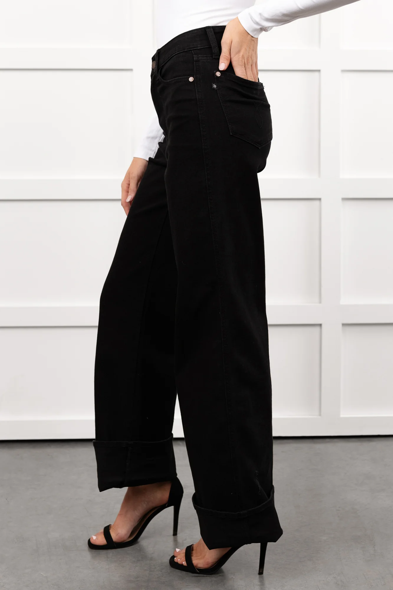 Mara Wide Leg Cuffed Judy Blue Stretchy Jeans (Black) - Image 4