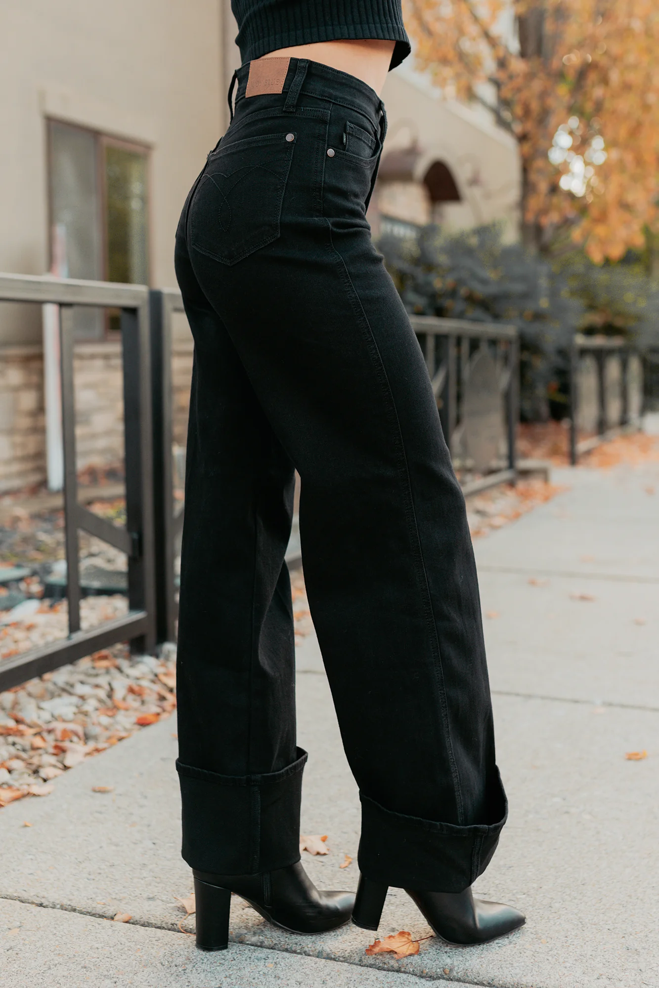 Mara Wide Leg Cuffed Judy Blue Stretchy Jeans (Black) - Image 9