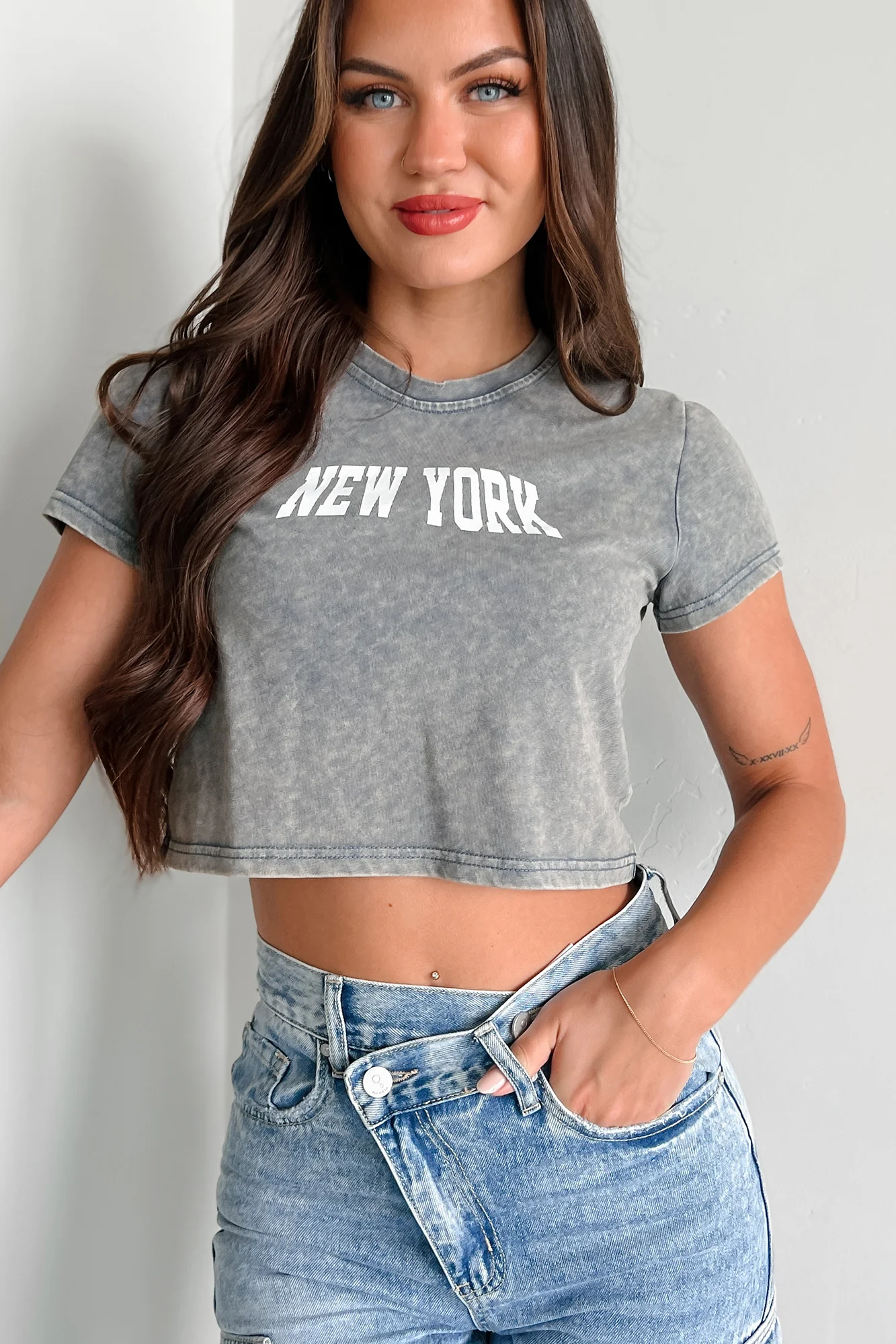 New York Niceties Graphic Crop Tee (Washed Navy) - Image 5