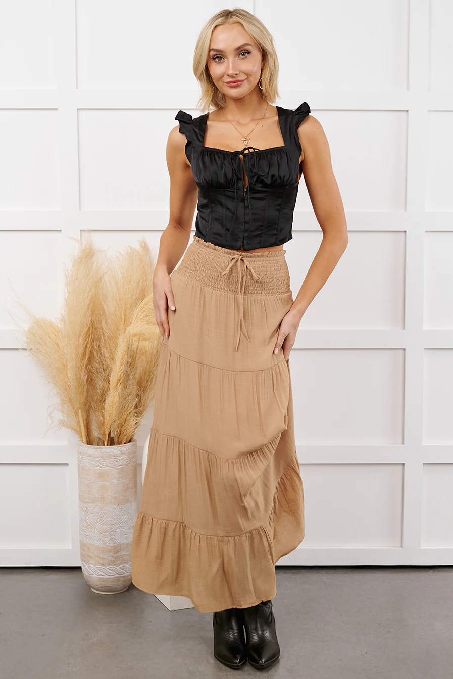 Ocean Serenade Tiered Maxi Skirt (Khaki) - Image 9