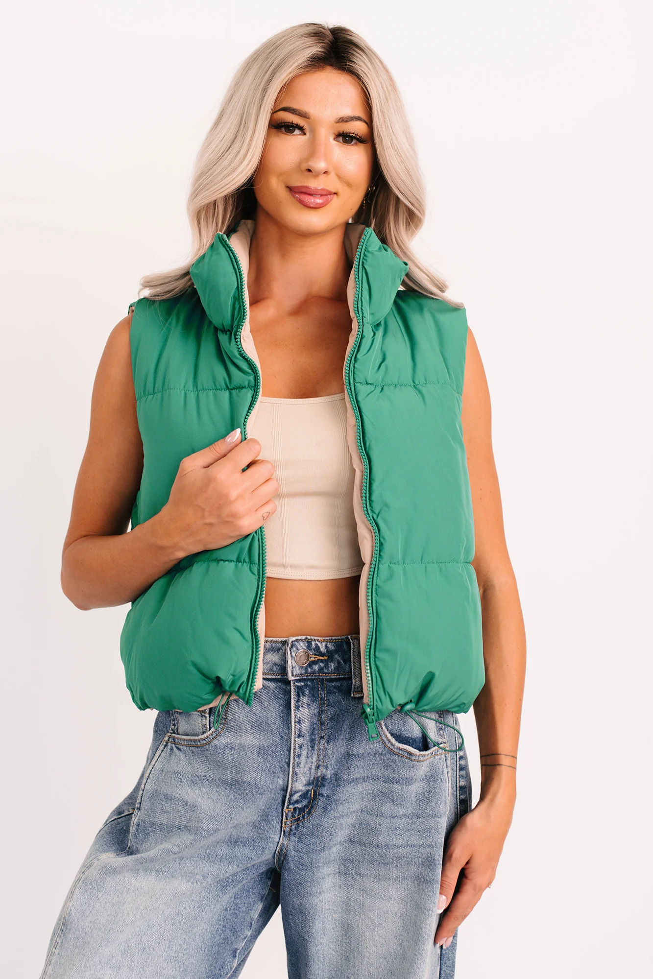 On The Reverse Side Reversible Puffer Vest (Green/Beige) - Image 3