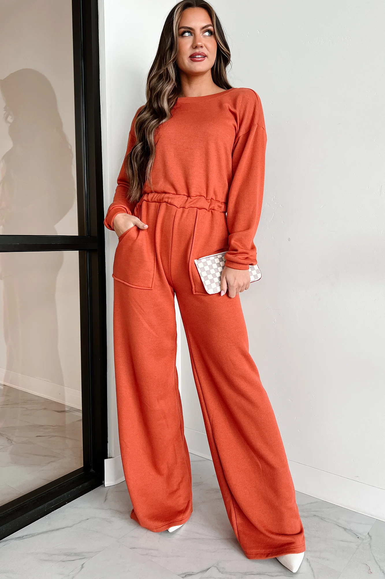 Plausible Deniability Long Sleeve Wide Leg Jumpsuit (Rust) - Image 3