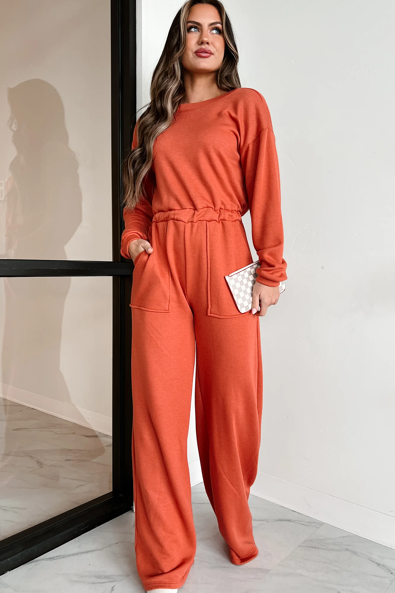 Plausible Deniability Long Sleeve Wide Leg Jumpsuit (Rust) - Image 6