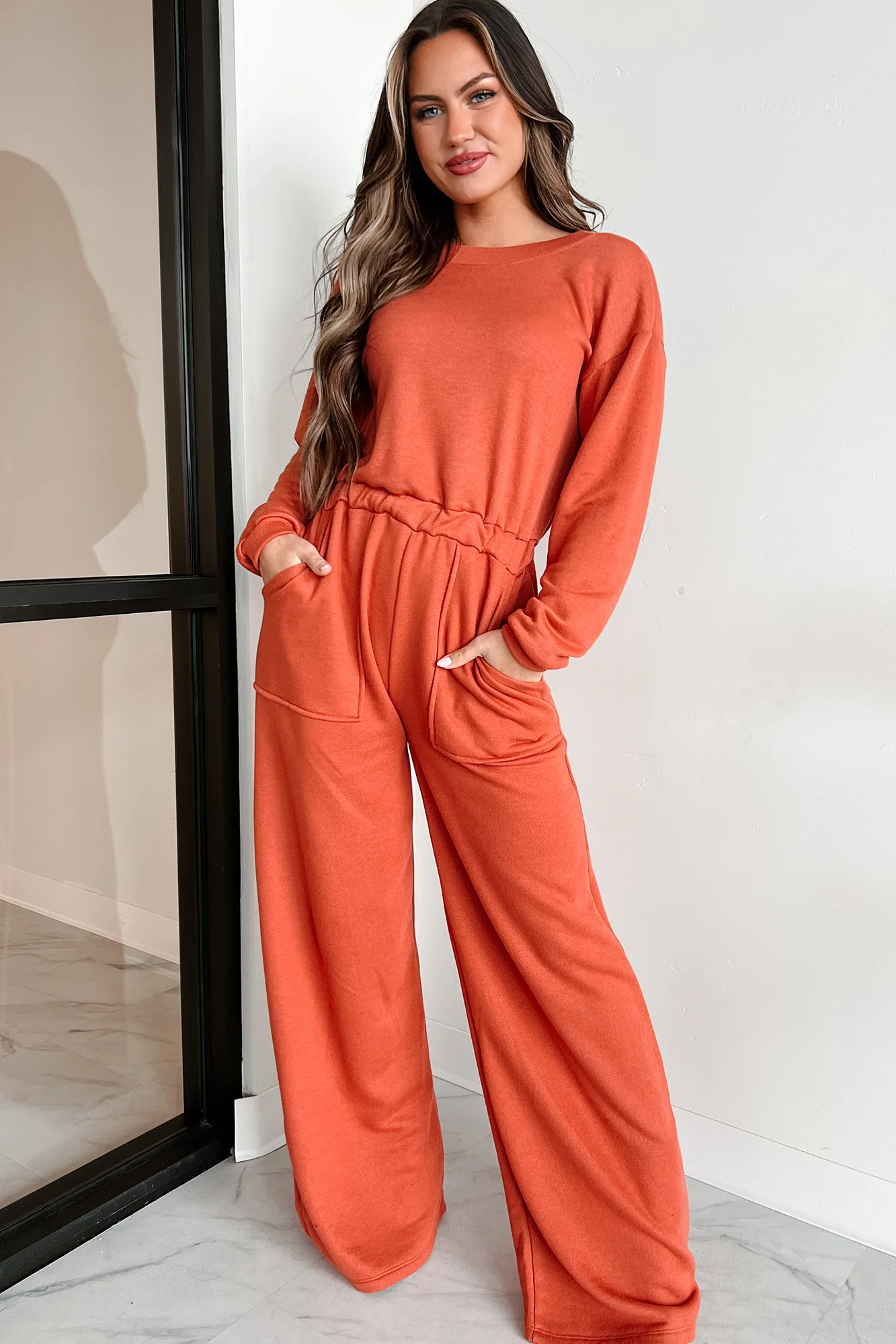 Plausible Deniability Long Sleeve Wide Leg Jumpsuit (Rust) - Image 7