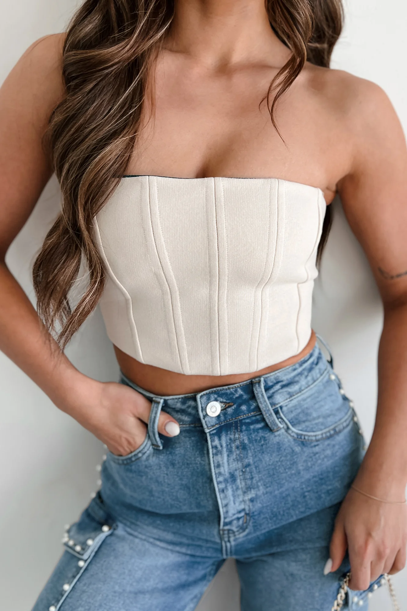 Playing The Player Strapless Lace-Up Crop Corset Top (Ecru) - Image 4
