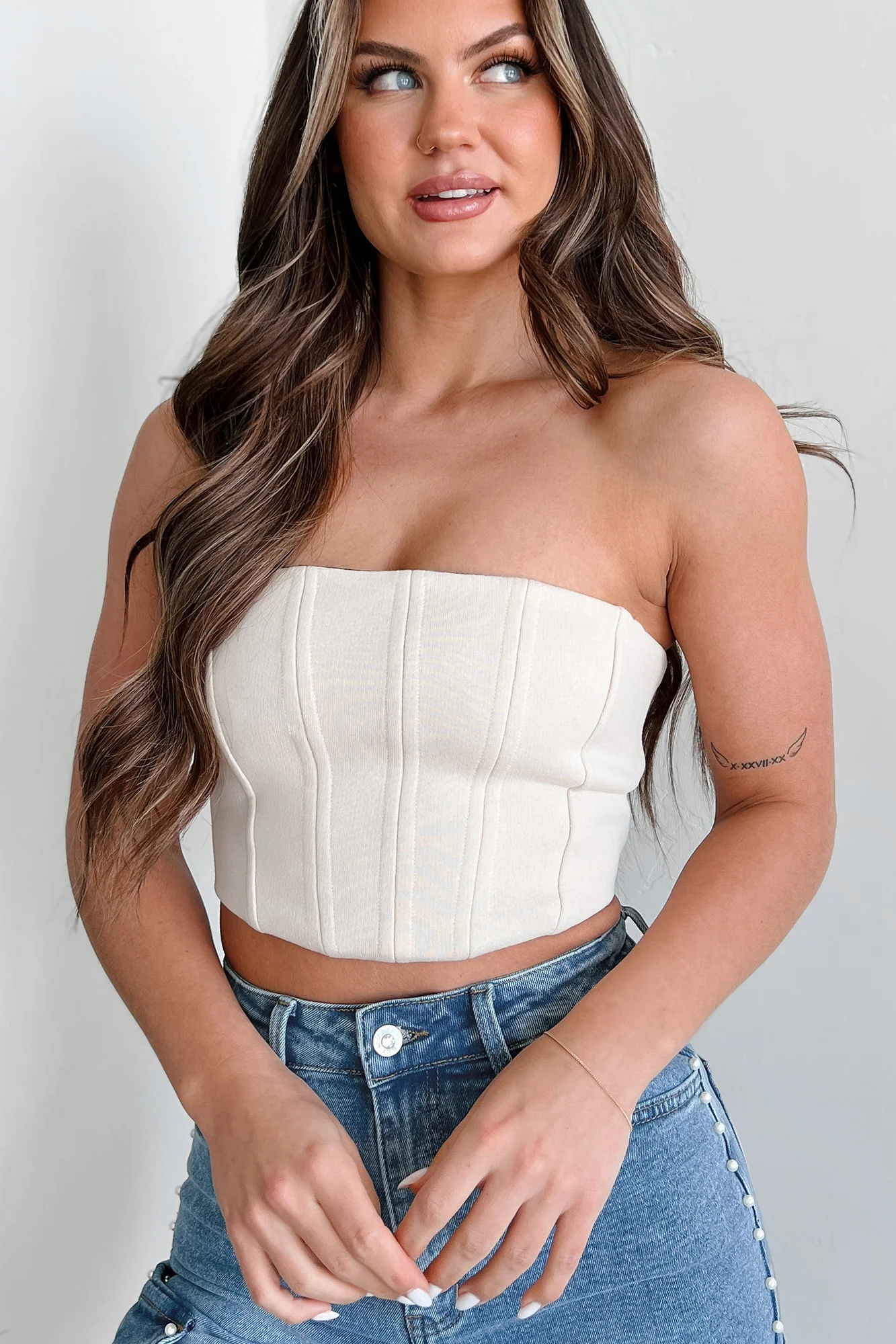 Playing The Player Strapless Lace-Up Crop Corset Top (Ecru) - Image 7